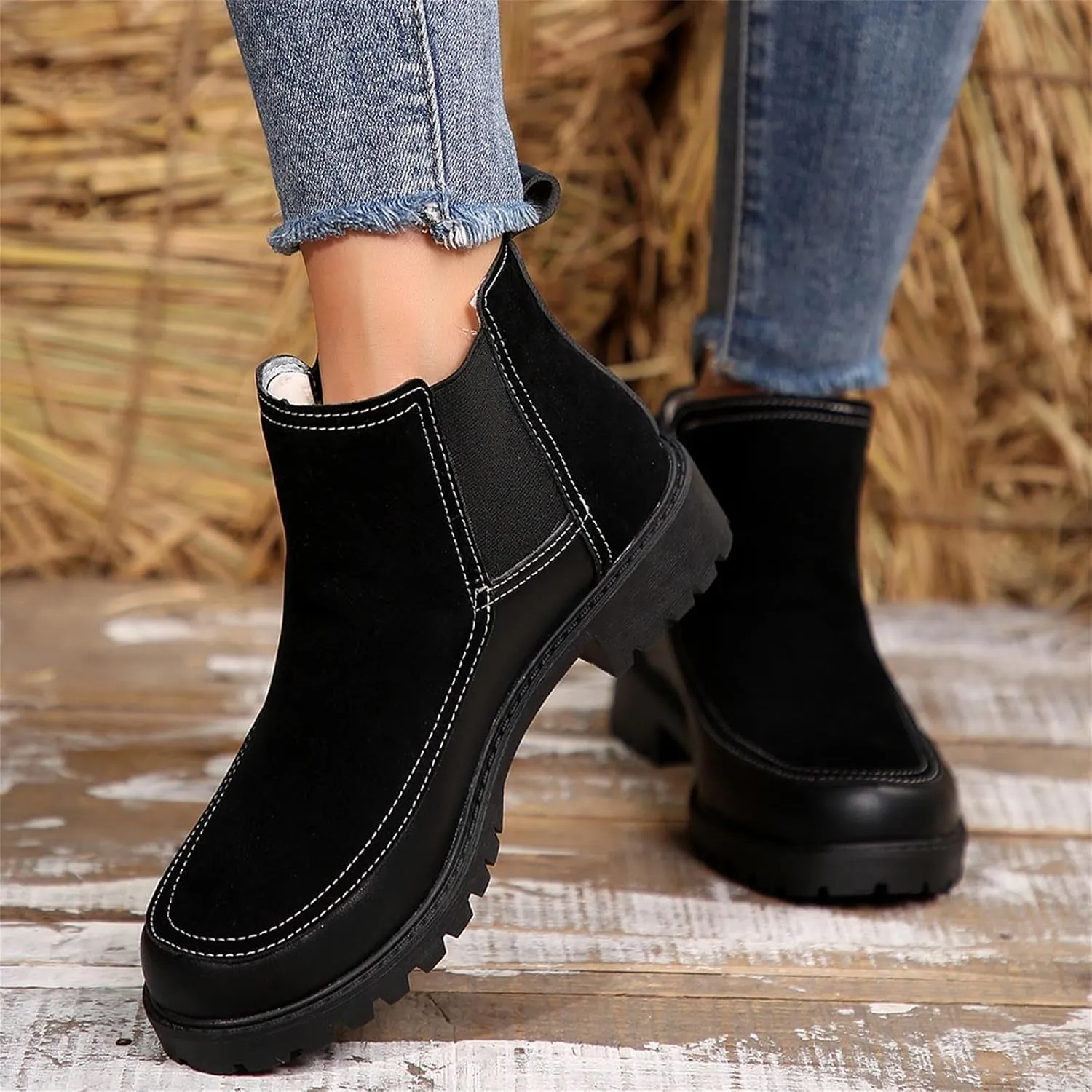 Fall Boots Womens Ankle Boot w/Lug Sole Elastic Chelsea Slip on Chunky Block Heel Round Toe Outdoor Walking Booties