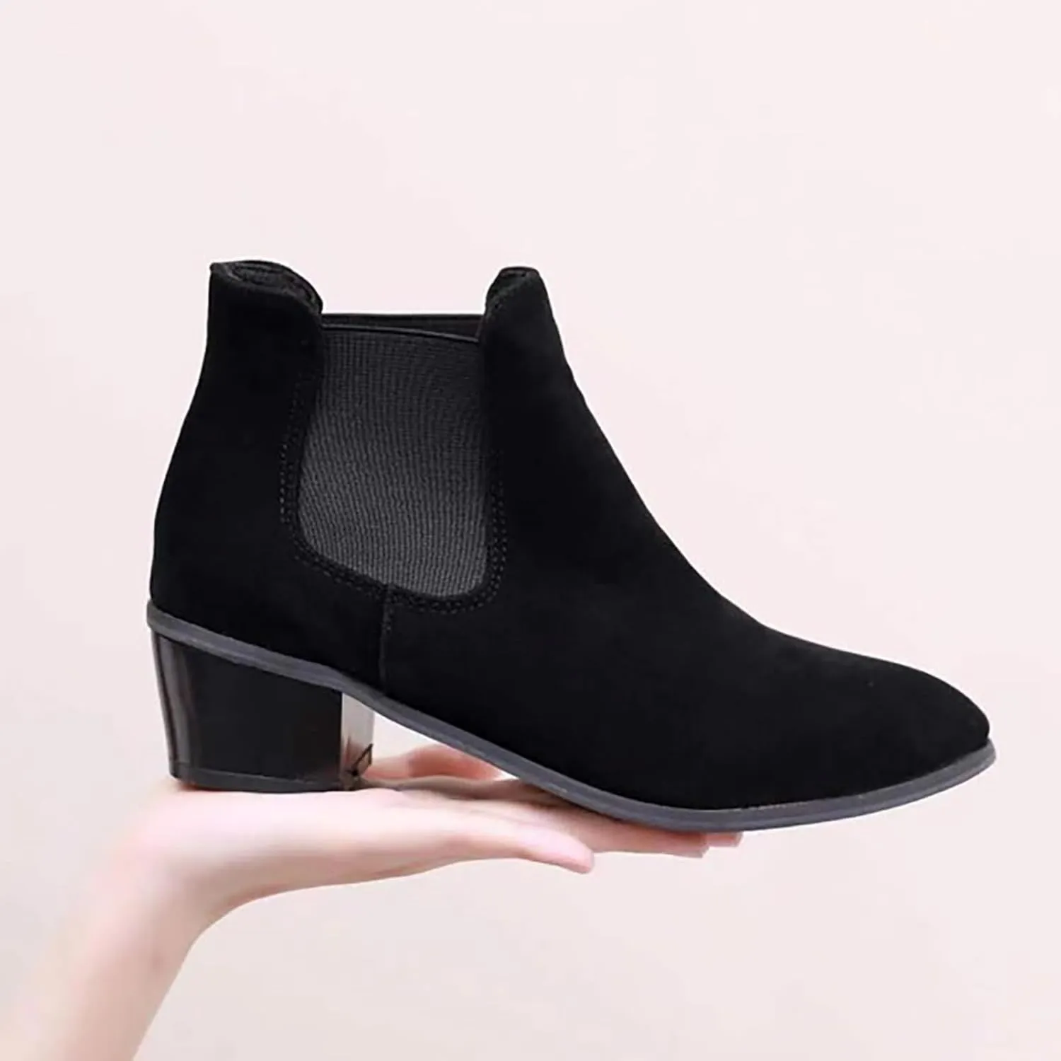 Fall Boots Womens Chunky Block Heel Slip On Almond Toe Chelsea Ankle Boots w/Double Elastic Gore