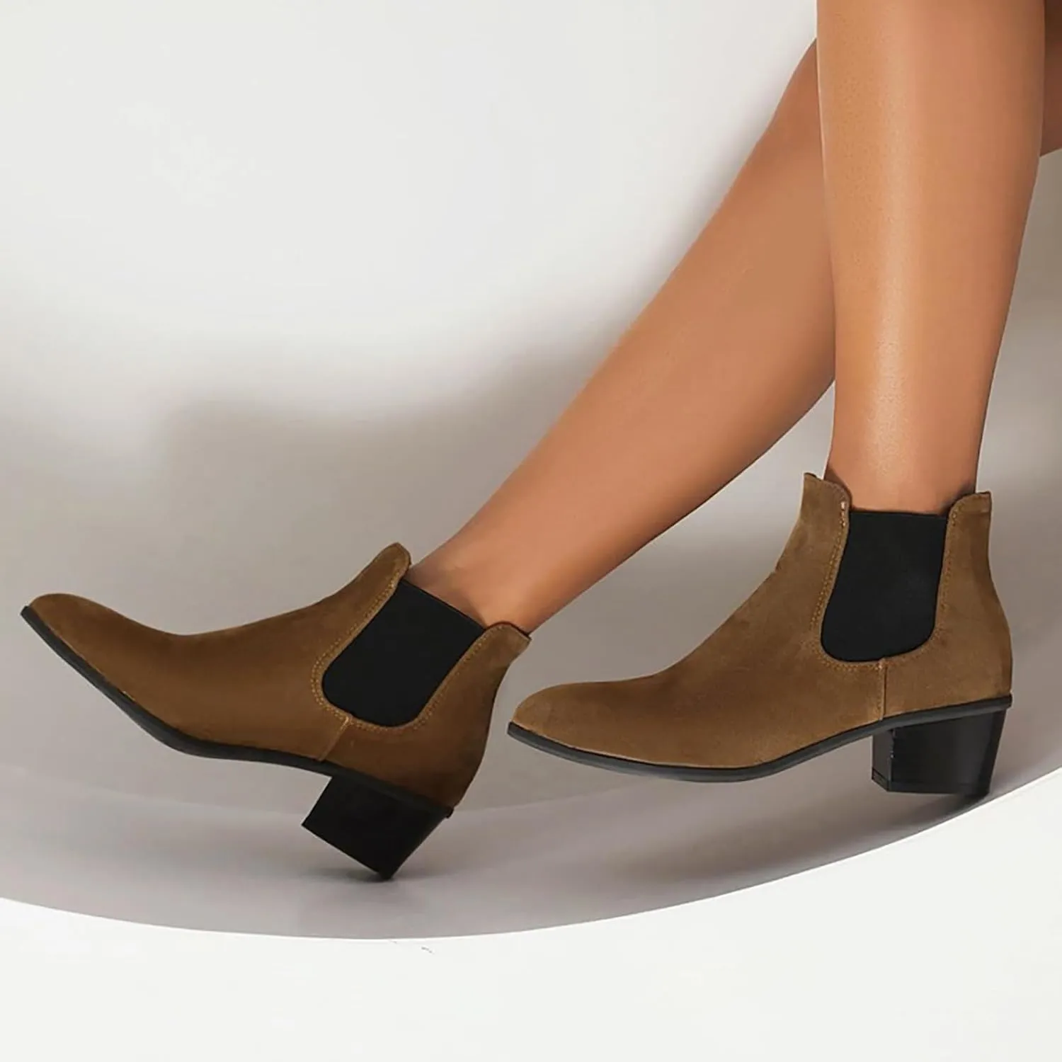 Fall Boots Womens Chunky Block Heel Slip On Almond Toe Chelsea Ankle Boots w/Double Elastic Gore
