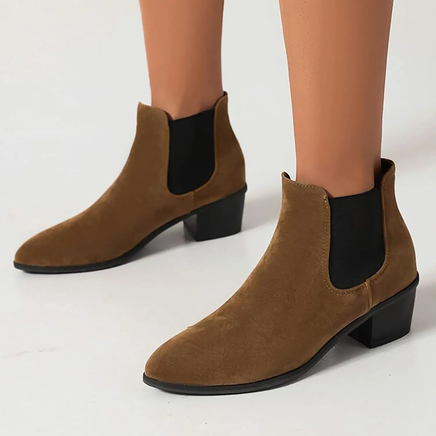 Fall Boots Womens Chunky Block Heel Slip On Almond Toe Chelsea Ankle Boots w/Double Elastic Gore