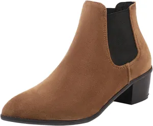 Fall Boots Womens Chunky Block Heel Slip On Almond Toe Chelsea Ankle Boots w/Double Elastic Gore