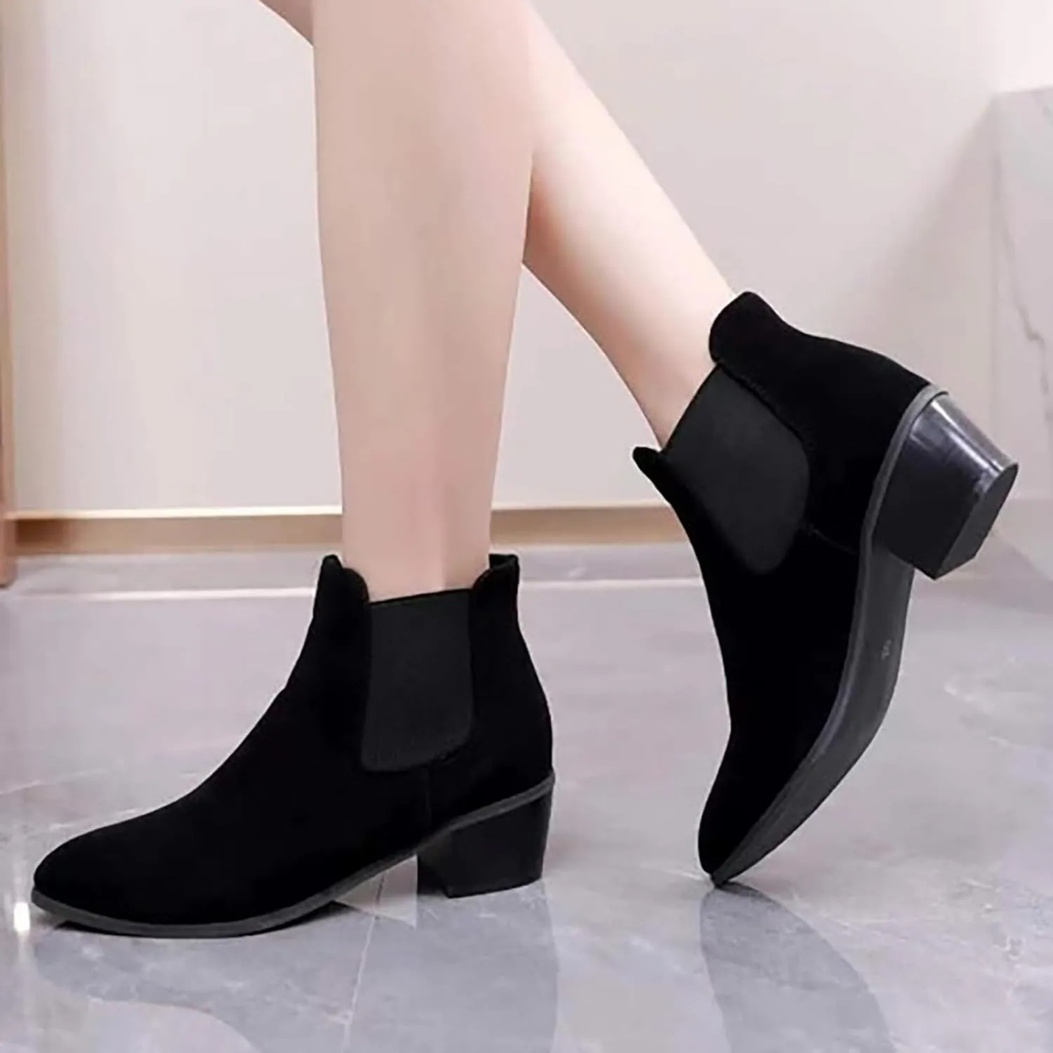 Fall Boots Womens Chunky Block Heel Slip On Almond Toe Chelsea Ankle Boots w/Double Elastic Gore
