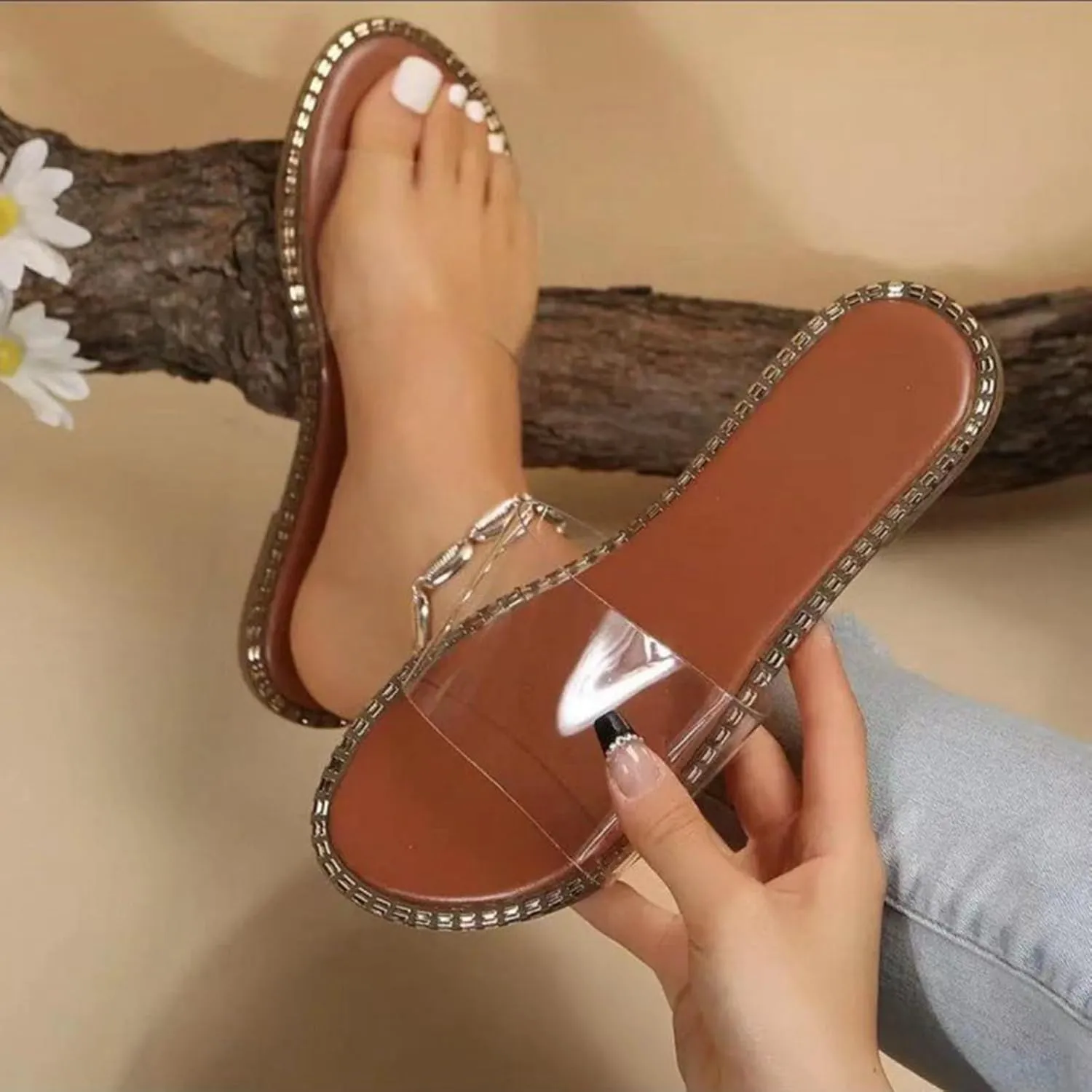 Generic Women's Clear Flat Sandals Transparent Summer Slide Sandals for Women Dressy Outdoor Flat Sandals