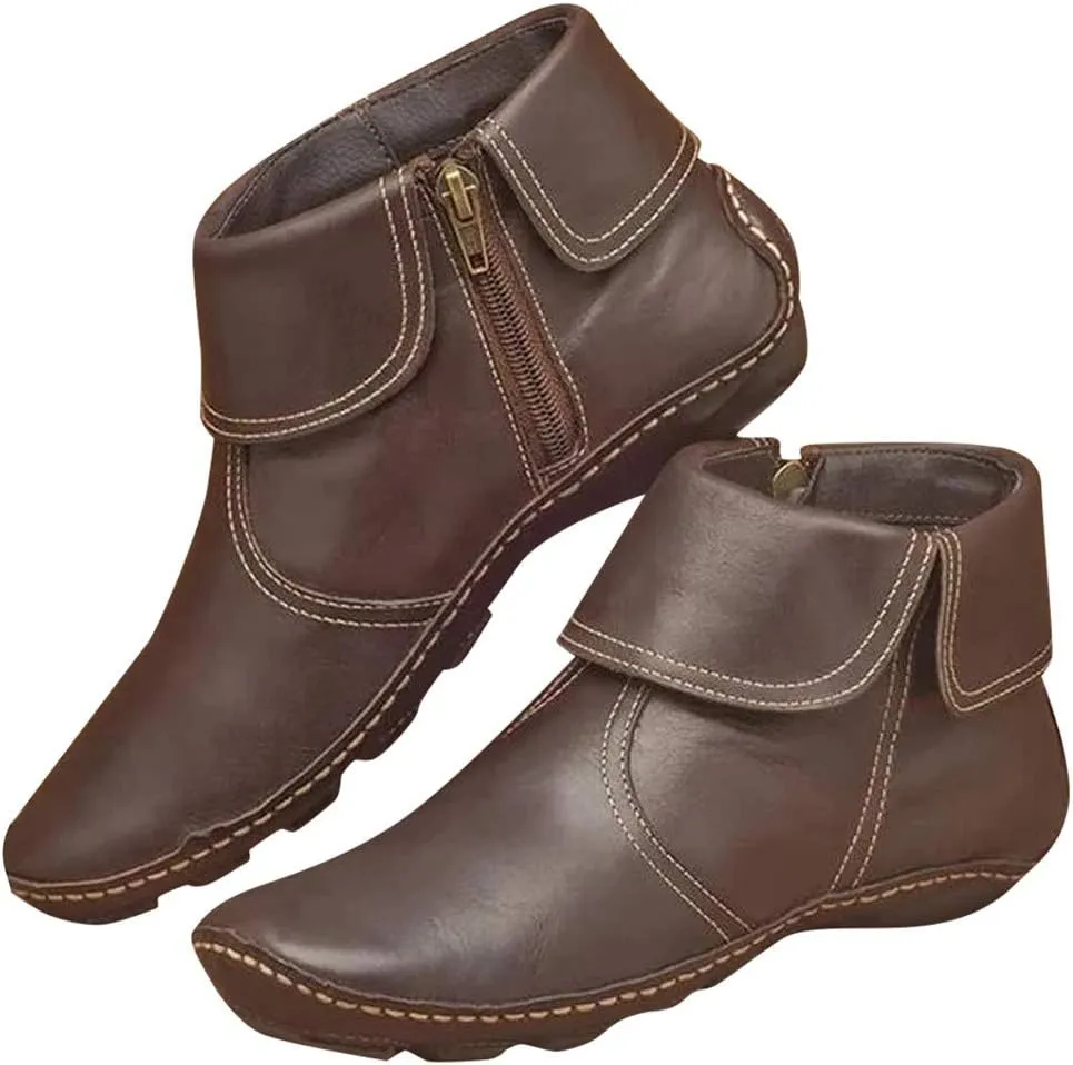 Gibobby Ankle Booties for Women Flat Heel,New Arch Support Ankle Boots Damping Shoes Lace-up Boots Side Zipper Booties