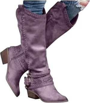 Gibobby Ankle Boots for Women Mid Knee High Boots Chunky Heel Wide Calf Side Zip Fashion Winter Cowboy Booties