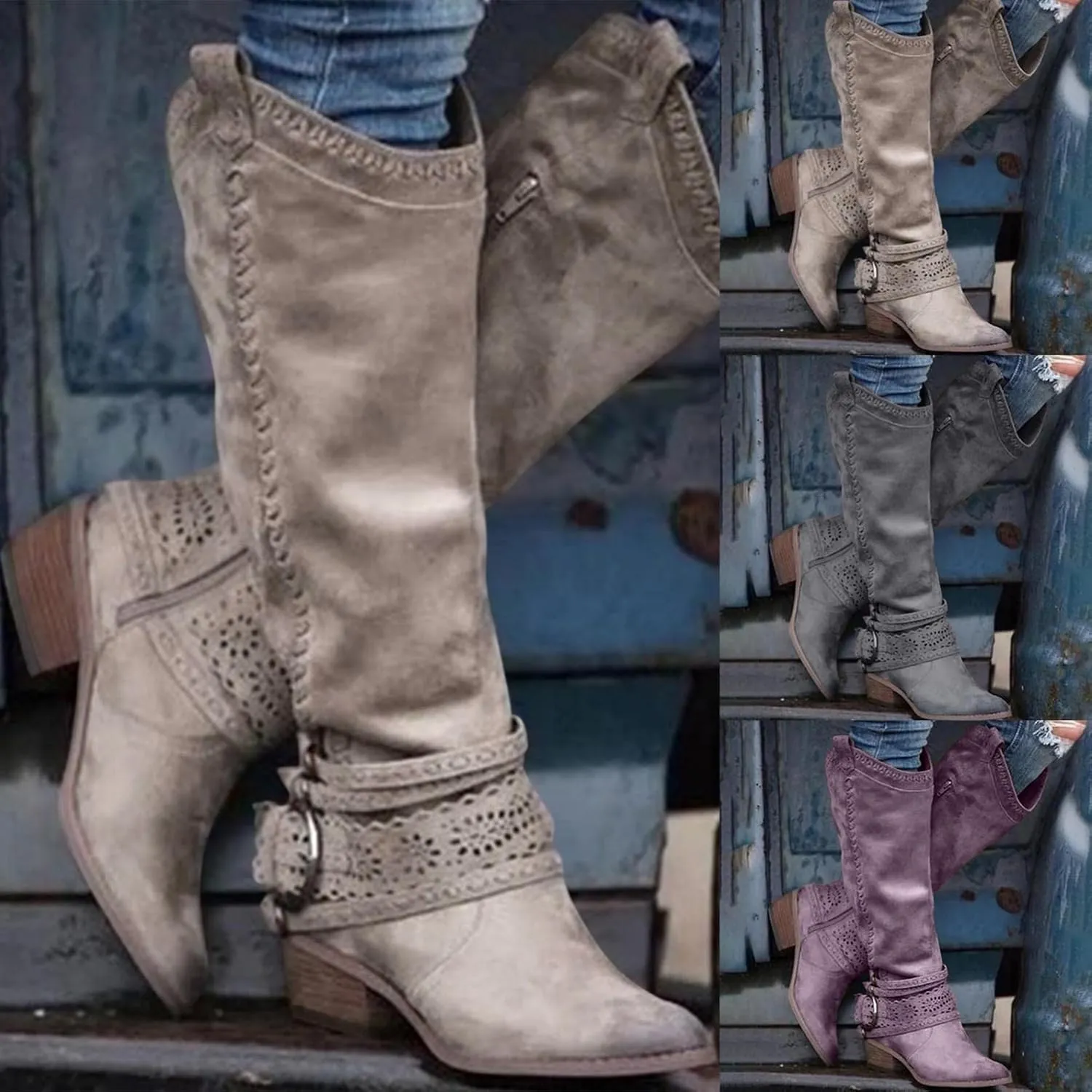 Gibobby Ankle Boots for Women Mid Knee High Boots Chunky Heel Wide Calf Side Zip Fashion Winter Cowboy Booties