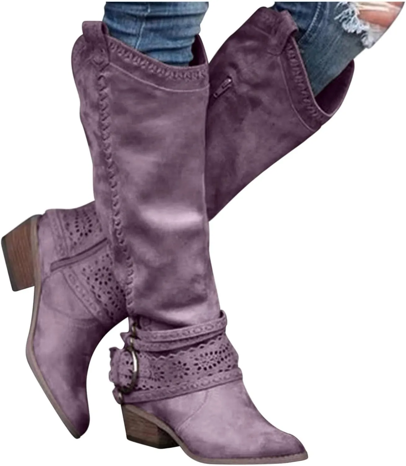 Gibobby Ankle Boots for Women Mid Knee High Boots Chunky Heel Wide Calf Side Zip Fashion Winter Cowboy Booties