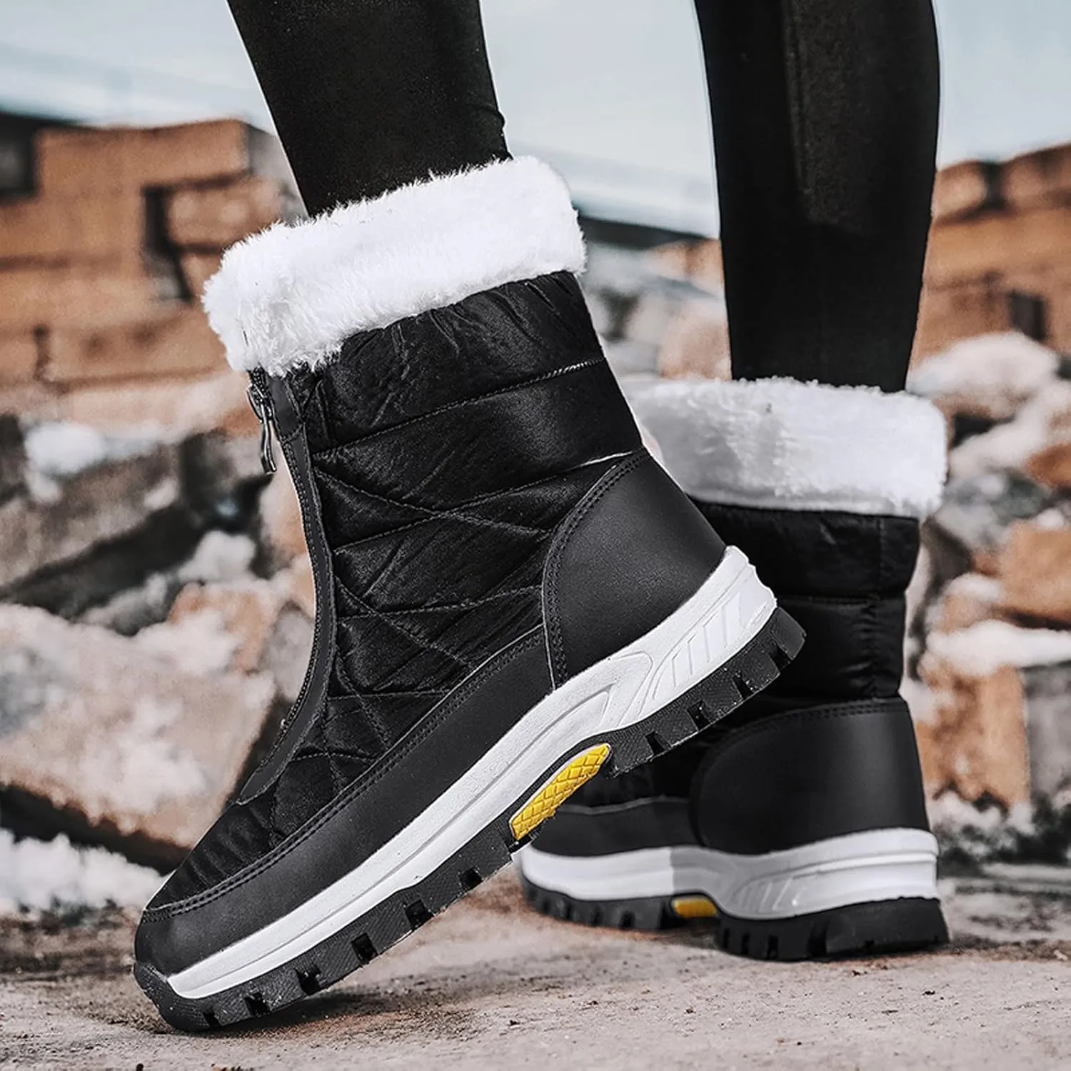 Hiking Boots Women Winter Zipper Water Proof Flat Boots Furry Keep Warm Snow Boots Comfortable Mid Boots