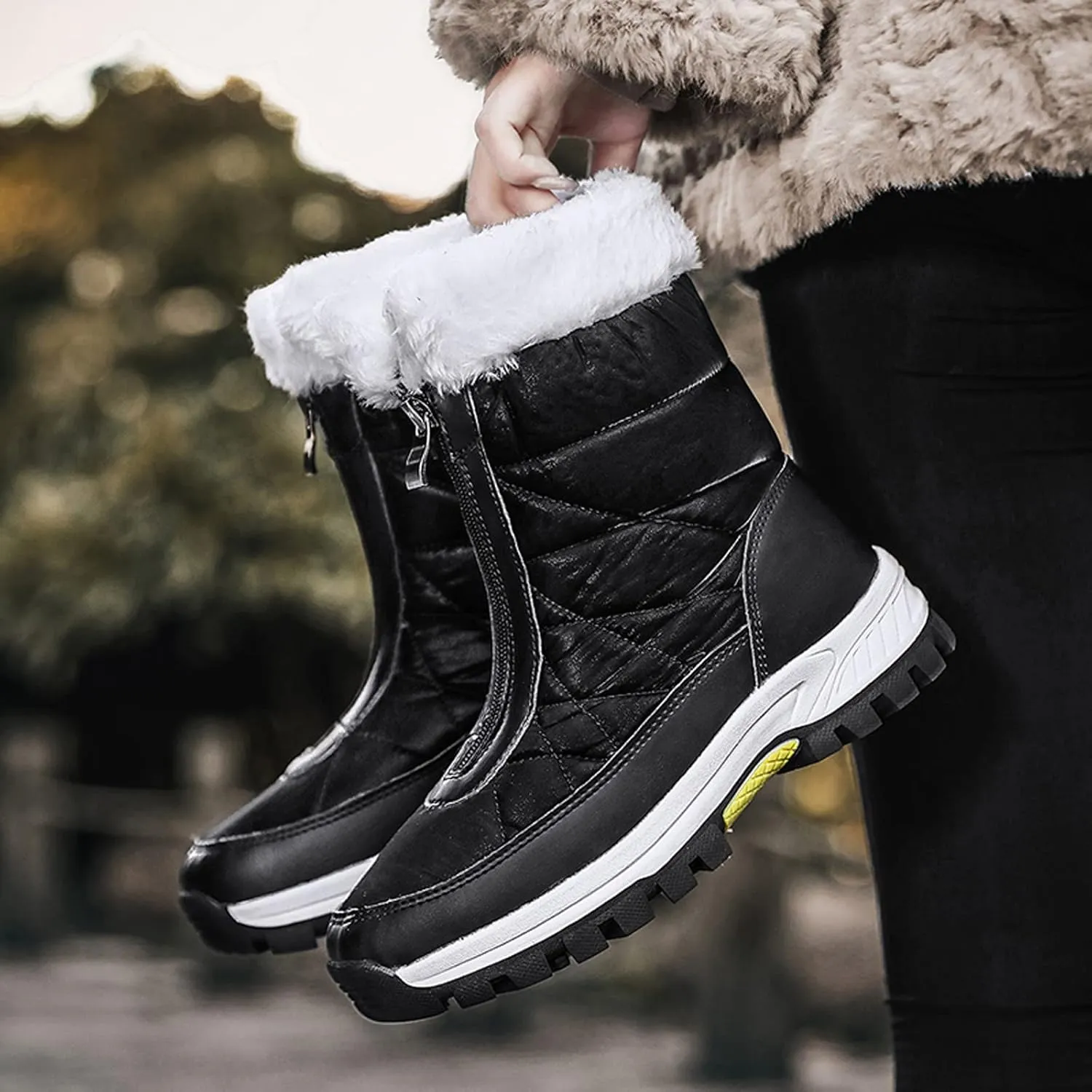 Hiking Boots Women Winter Zipper Water Proof Flat Boots Furry Keep Warm Snow Boots Comfortable Mid Boots