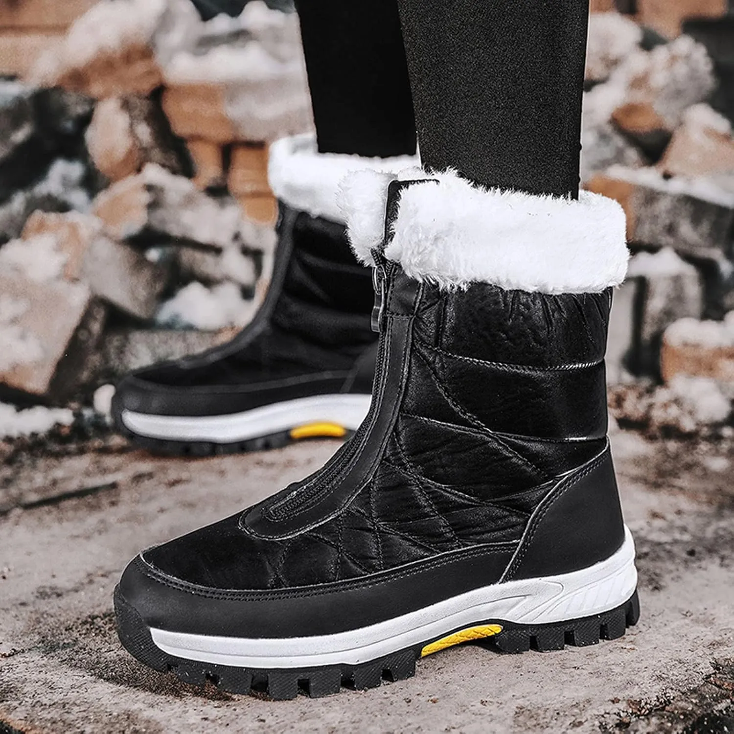 Hiking Boots Women Winter Zipper Water Proof Flat Boots Furry Keep Warm Snow Boots Comfortable Mid Boots