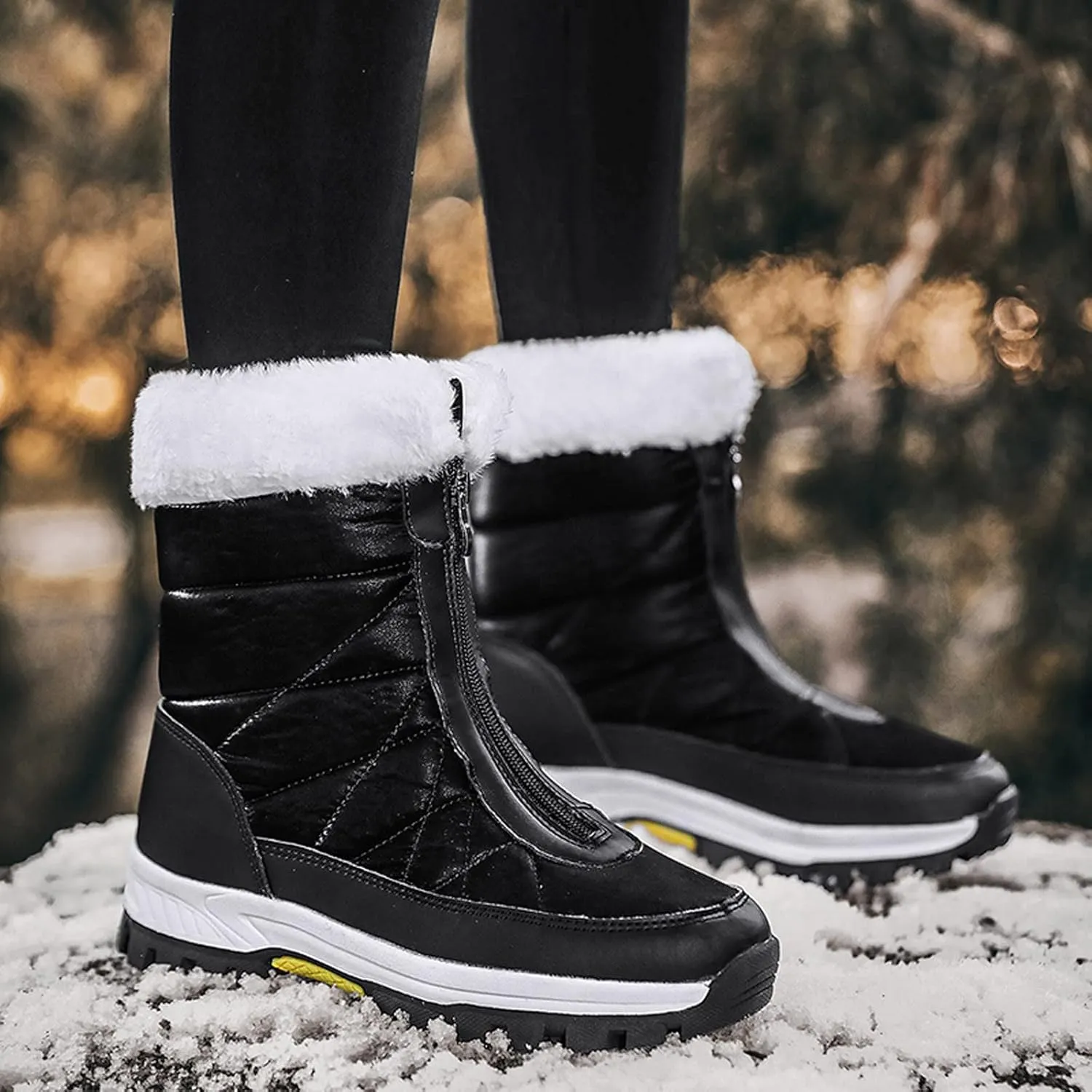 Hiking Boots Women Winter Zipper Water Proof Flat Boots Furry Keep Warm Snow Boots Comfortable Mid Boots