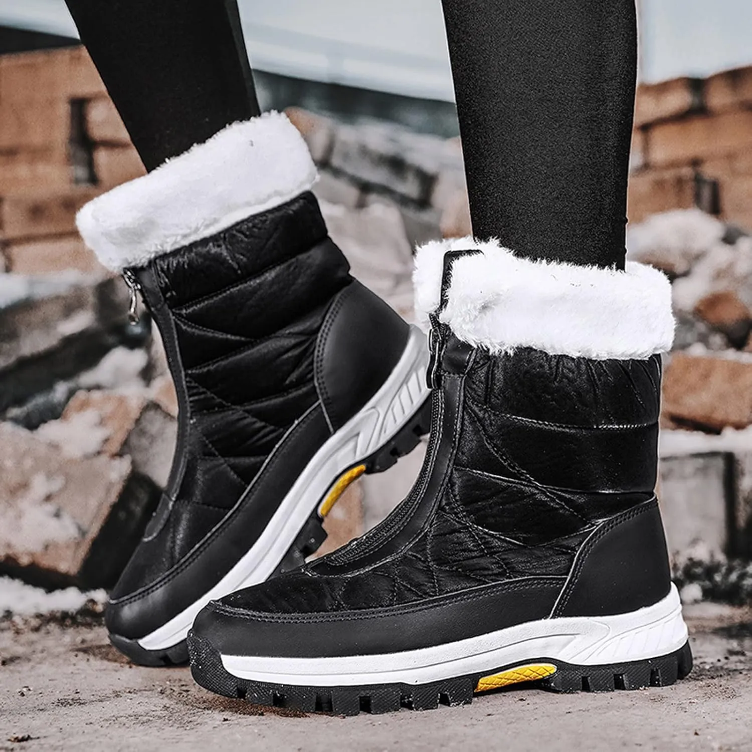 Hiking Boots Women Winter Zipper Water Proof Flat Boots Furry Keep Warm Snow Boots Comfortable Mid Boots