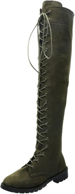 hlysgo Womens Lacing Up Over The Knee Fashion Winter Wide Calf Sexy Thigh High Stretch Long Boots