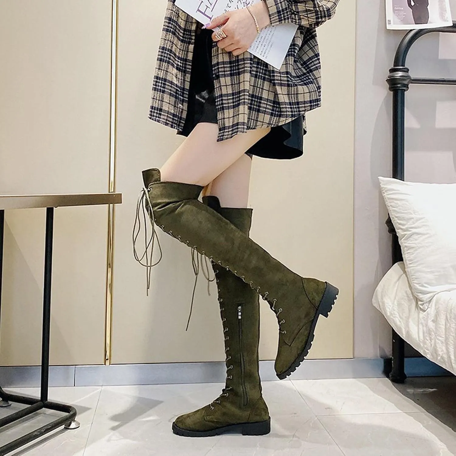 hlysgo Womens Lacing Up Over The Knee Fashion Winter Wide Calf Sexy Thigh High Stretch Long Boots