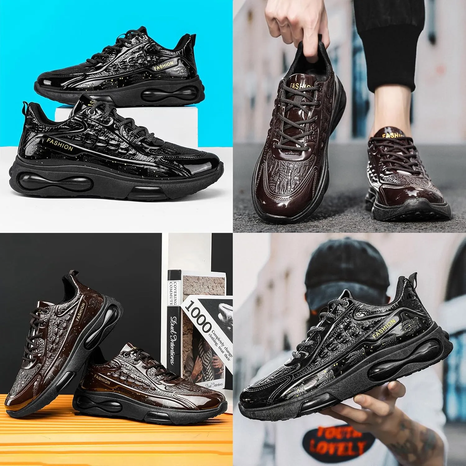 Keilinia Men's Air Cushion Running Shoes,Lightweight Comfy Fashion Patent Print Height Orthotic Stretch Sneaker