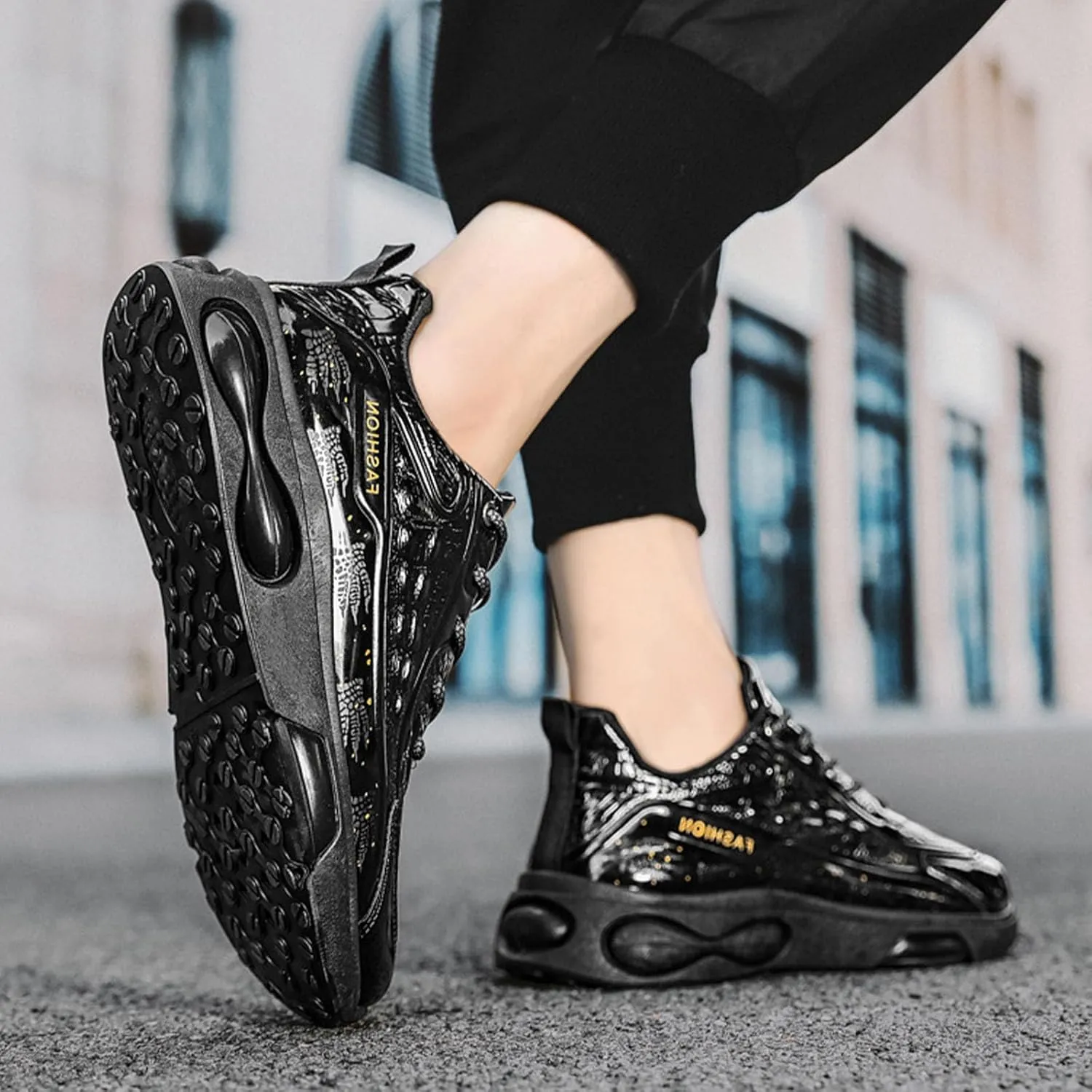 Keilinia Men's Air Cushion Running Shoes,Lightweight Comfy Fashion Patent Print Height Orthotic Stretch Sneaker