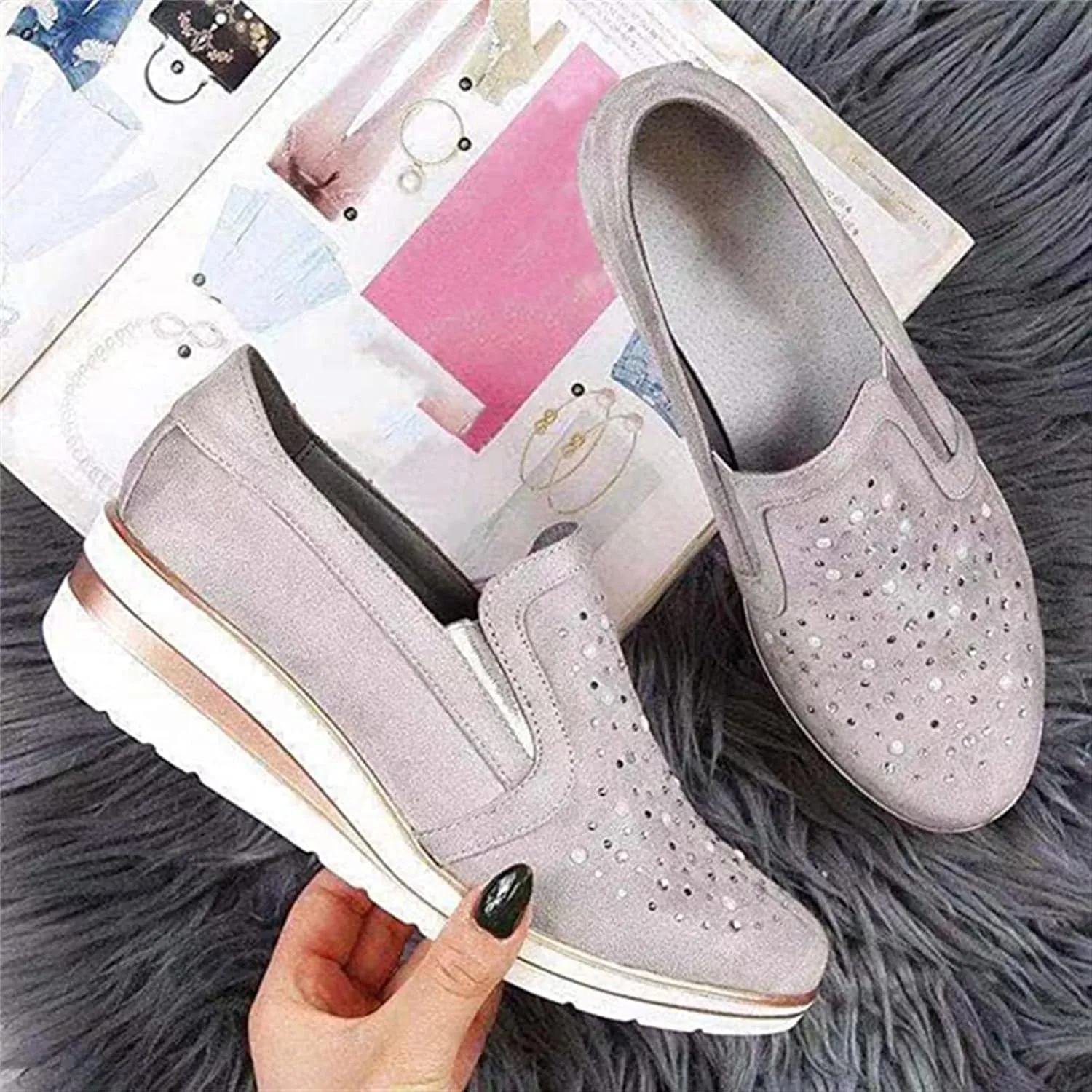Ladmiple Sneakers For Women Walking Shoes Wide Width Slip On Glitter Shoes Dressy Casual Summer Sparkly Flats Loafers