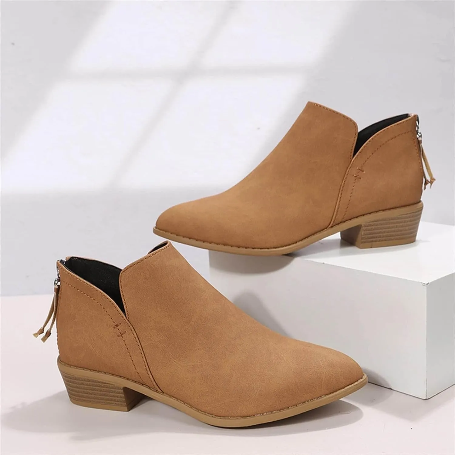Leather Ankle Boots for Women Ankle Boots for Women Low Heel Zipper Pointed Toe Short Boot Comfy Casual Walking Shoes