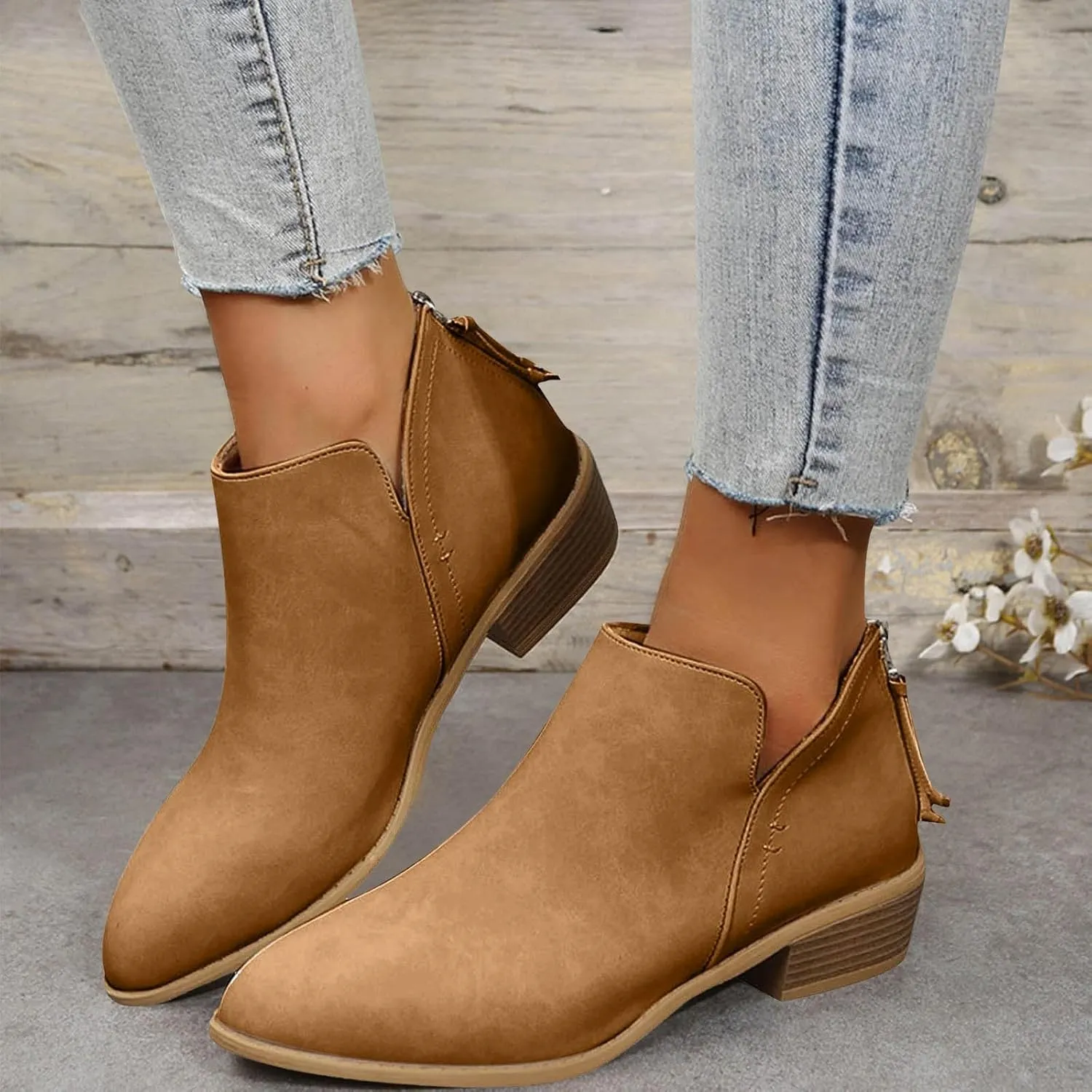 Leather Ankle Boots for Women Ankle Boots for Women Low Heel Zipper Pointed Toe Short Boot Comfy Casual Walking Shoes