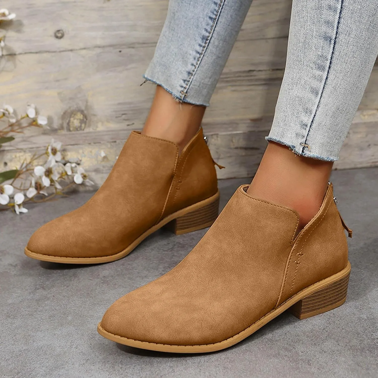 Leather Ankle Boots for Women Ankle Boots for Women Low Heel Zipper Pointed Toe Short Boot Comfy Casual Walking Shoes