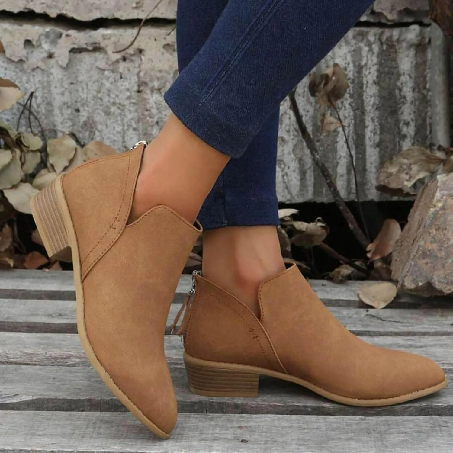 Leather Ankle Boots for Women Ankle Boots for Women Low Heel Zipper Pointed Toe Short Boot Comfy Casual Walking Shoes
