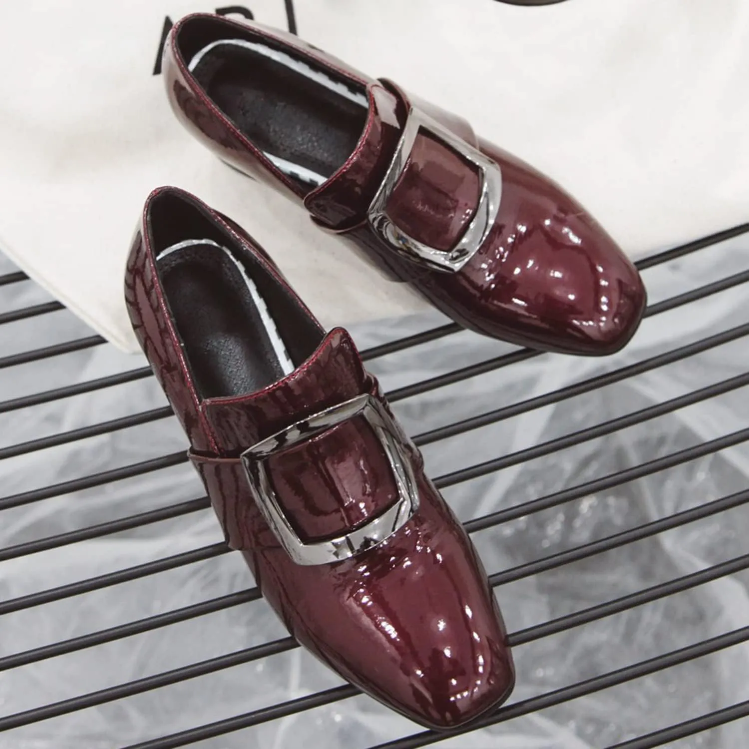 LEHOOR Women Buckle Loafers Pumps Mid Chunky Heel Round Closed Toe Oxford Loafer Pumps Patent 2 Inch Block Heel Dress Shoes Comfort Slip On Penny Loafer Heels Office Party Party 4-11 M US