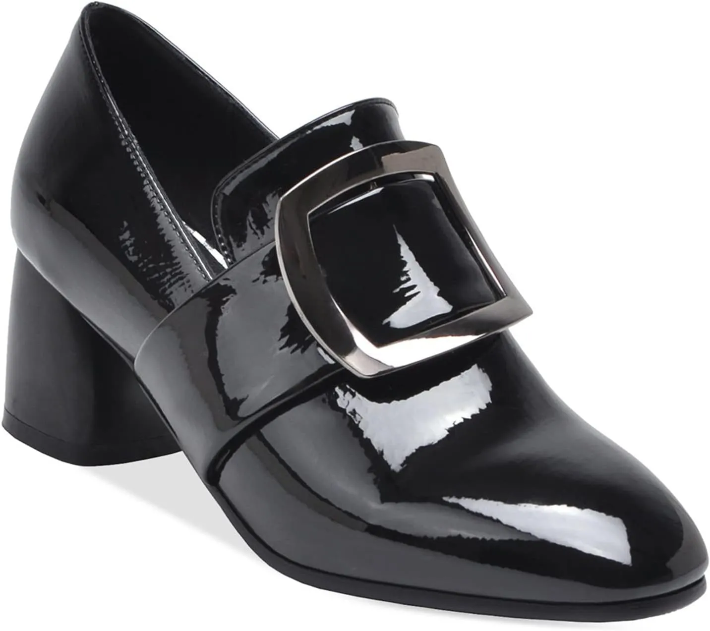 LEHOOR Women Buckle Loafers Pumps Mid Chunky Heel Round Closed Toe Oxford Loafer Pumps Patent 2 Inch Block Heel Dress Shoes Comfort Slip On Penny Loafer Heels Office Party Party 4-11 M US