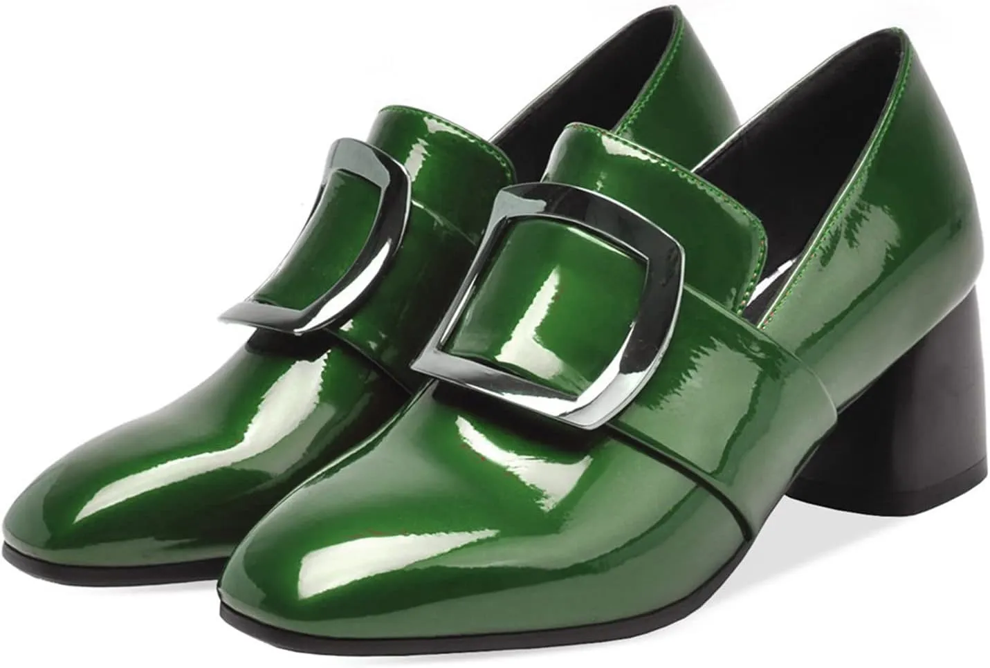 LEHOOR Women Buckle Loafers Pumps Mid Chunky Heel Round Closed Toe Oxford Loafer Pumps Patent 2 Inch Block Heel Dress Shoes Comfort Slip On Penny Loafer Heels Office Party Party 4-11 M US