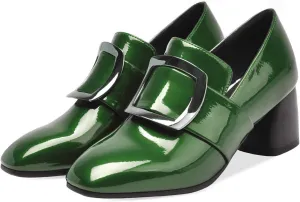 LEHOOR Women Buckle Loafers Pumps Mid Chunky Heel Round Closed Toe Oxford Loafer Pumps Patent 2 Inch Block Heel Dress Shoes Comfort Slip On Penny Loafer Heels Office Party Party 4-11 M US