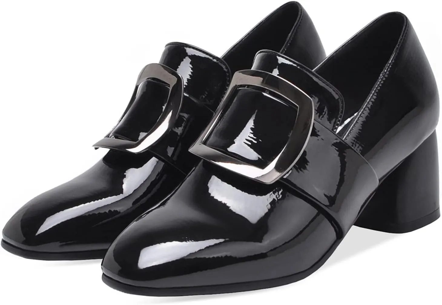 LEHOOR Women Buckle Loafers Pumps Mid Chunky Heel Round Closed Toe Oxford Loafer Pumps Patent 2 Inch Block Heel Dress Shoes Comfort Slip On Penny Loafer Heels Office Party Party 4-11 M US