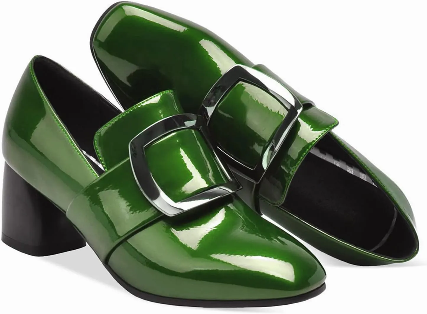 LEHOOR Women Buckle Loafers Pumps Mid Chunky Heel Round Closed Toe Oxford Loafer Pumps Patent 2 Inch Block Heel Dress Shoes Comfort Slip On Penny Loafer Heels Office Party Party 4-11 M US