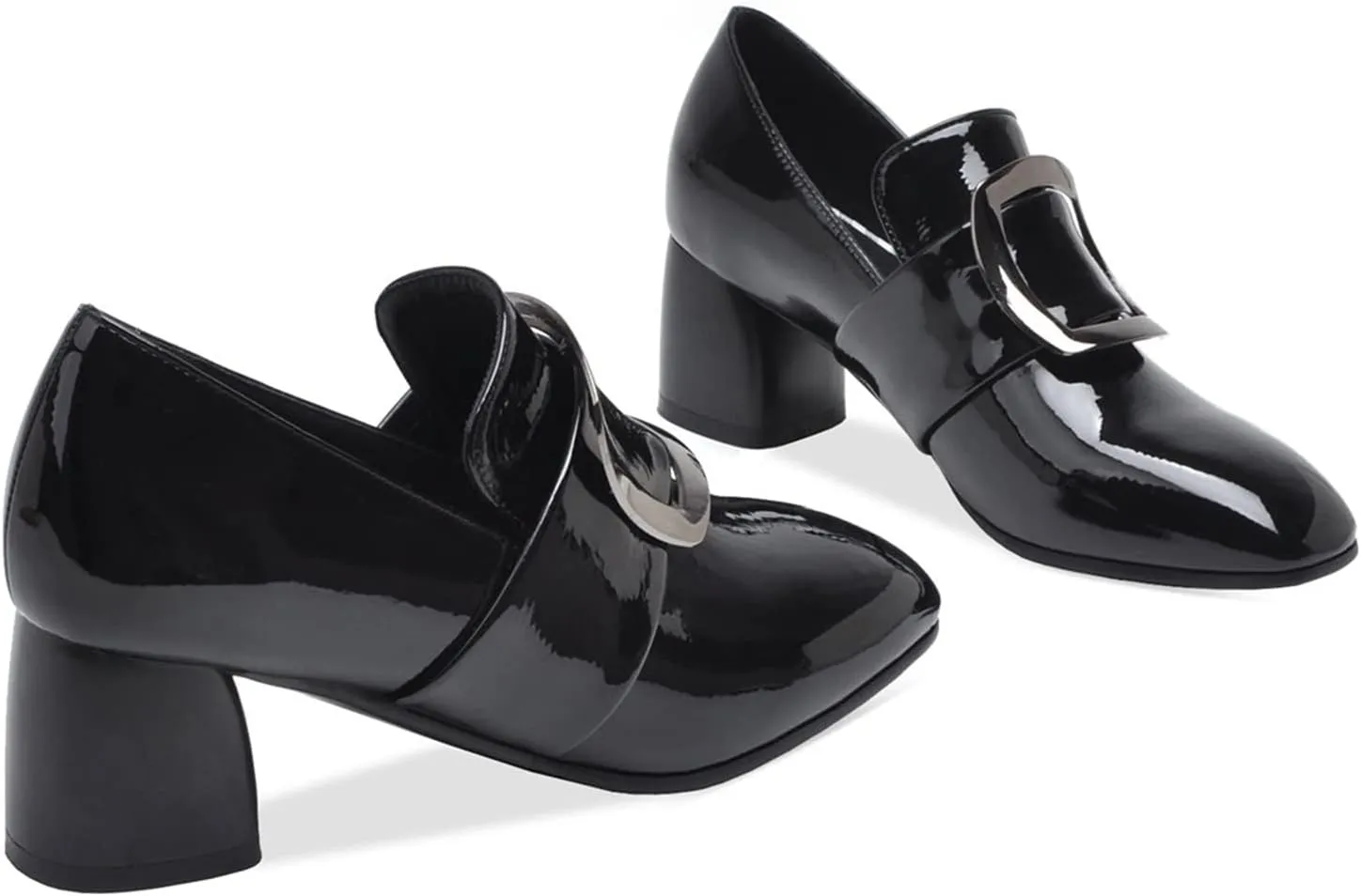 LEHOOR Women Buckle Loafers Pumps Mid Chunky Heel Round Closed Toe Oxford Loafer Pumps Patent 2 Inch Block Heel Dress Shoes Comfort Slip On Penny Loafer Heels Office Party Party 4-11 M US