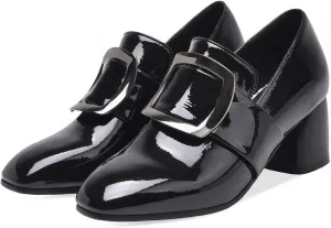 LEHOOR Women Buckle Loafers Pumps Mid Chunky Heel Round Closed Toe Oxford Loafer Pumps Patent 2 Inch Block Heel Dress Shoes Comfort Slip On Penny Loafer Heels Office Party Party 4-11 M US