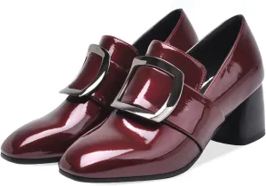 LEHOOR Women Buckle Loafers Pumps Mid Chunky Heel Round Closed Toe Oxford Loafer Pumps Patent 2 Inch Block Heel Dress Shoes Comfort Slip On Penny Loafer Heels Office Party Party 4-11 M US