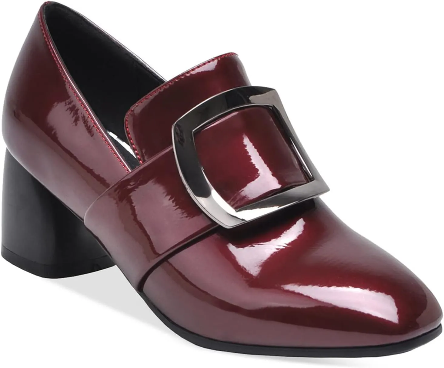 LEHOOR Women Buckle Loafers Pumps Mid Chunky Heel Round Closed Toe Oxford Loafer Pumps Patent 2 Inch Block Heel Dress Shoes Comfort Slip On Penny Loafer Heels Office Party Party 4-11 M US