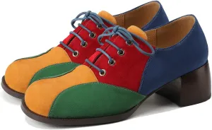 LEHOOR Women Chunky Block Heel Loafer Shoes Round Toe Lace Up Oxford Pumps Colorful Vintage Suede Heeled Oxford Shoes Multicolor Patchwork Fashion Cute Casual Walking Oxford Loafers 4-9.5 M US