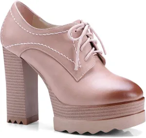 LEHOOR Women High Block Heel Platform Loafers Lace Up Round Toe High Chunky Stacked Heels Pumps Dress Shoes Burnished Matte Leather Comfort for Ladies Work Party 4-10 M US