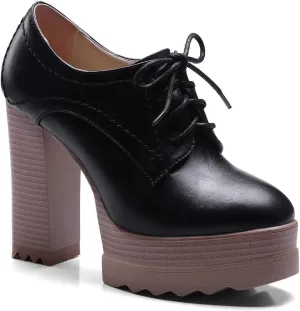 LEHOOR Women High Block Heel Platform Loafers Lace Up Round Toe High Chunky Stacked Heels Pumps Dress Shoes Burnished Matte Leather Comfort for Ladies Work Party 4-10 M US