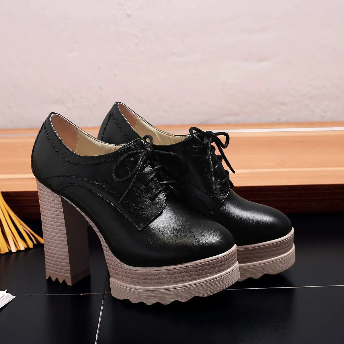 LEHOOR Women High Block Heel Platform Loafers Lace Up Round Toe High Chunky Stacked Heels Pumps Dress Shoes Burnished Matte Leather Comfort for Ladies Work Party 4-10 M US