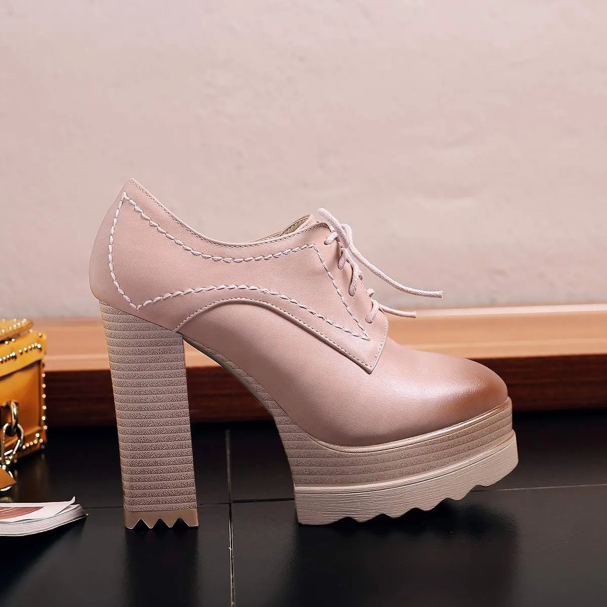 LEHOOR Women High Block Heel Platform Loafers Lace Up Round Toe High Chunky Stacked Heels Pumps Dress Shoes Burnished Matte Leather Comfort for Ladies Work Party 4-10 M US