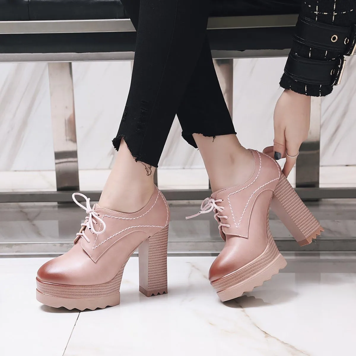 LEHOOR Women High Block Heel Platform Loafers Lace Up Round Toe High Chunky Stacked Heels Pumps Dress Shoes Burnished Matte Leather Comfort for Ladies Work Party 4-10 M US