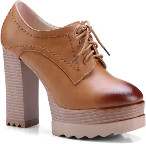 LEHOOR Women High Block Heel Platform Loafers Lace Up Round Toe High Chunky Stacked Heels Pumps Dress Shoes Burnished Matte Leather Comfort for Ladies Work Party 4-10 M US