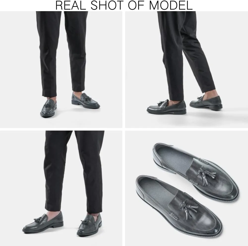 Men's Dress Shoes,Genuine Leather Tassel Loafer Slip on Dress Shoes for Men Hand-Stitched Wooden Sole