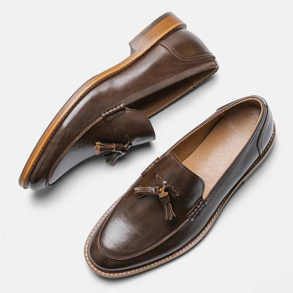 Men's Dress Shoes,Genuine Leather Tassel Loafer Slip on Dress Shoes for Men Hand-Stitched Wooden Sole