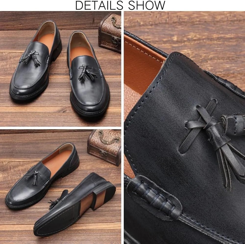Men's Dress Shoes,Genuine Leather Tassel Loafer Slip on Dress Shoes for Men Hand-Stitched Wooden Sole