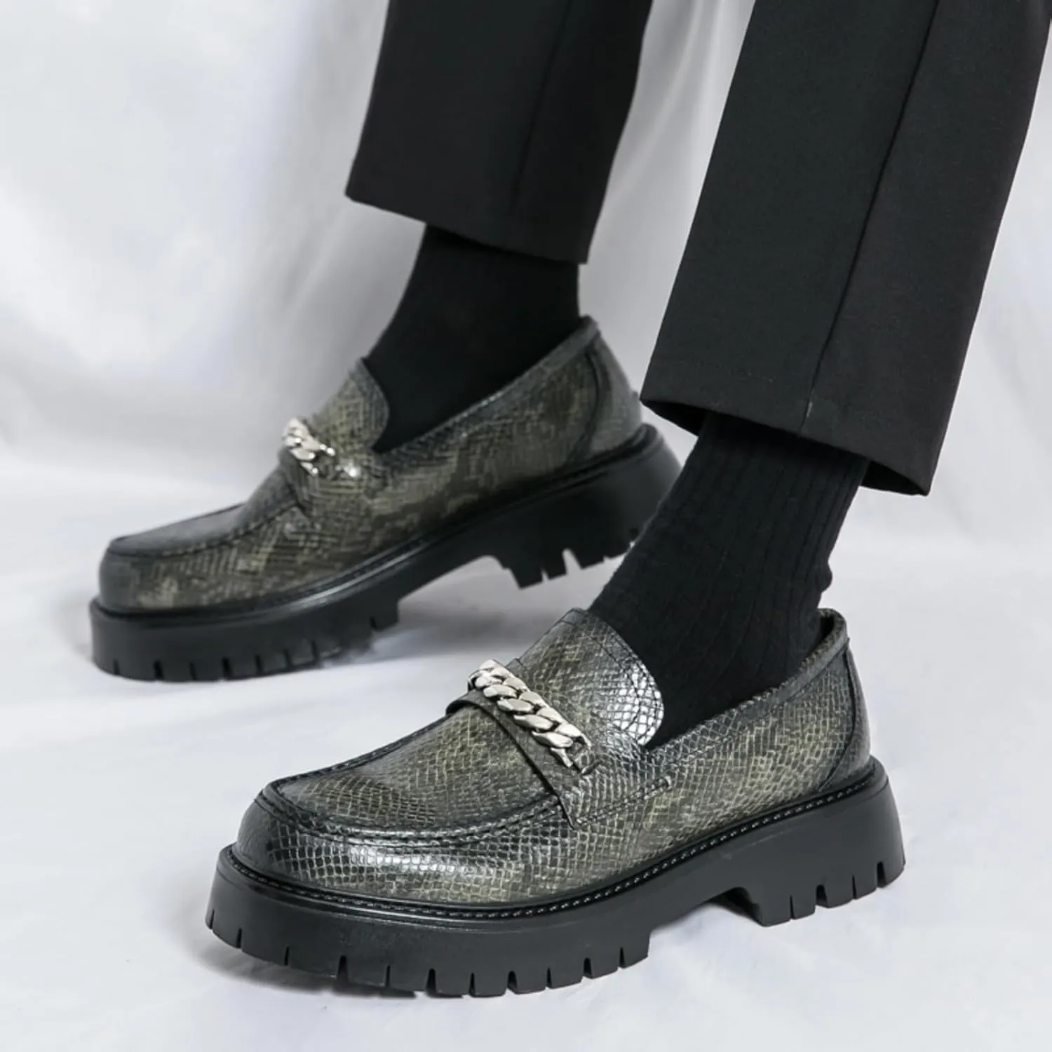Men's Fashion Textured Leather Lug Sole Platform Comfort Slip - On Loafers Dress Shoes