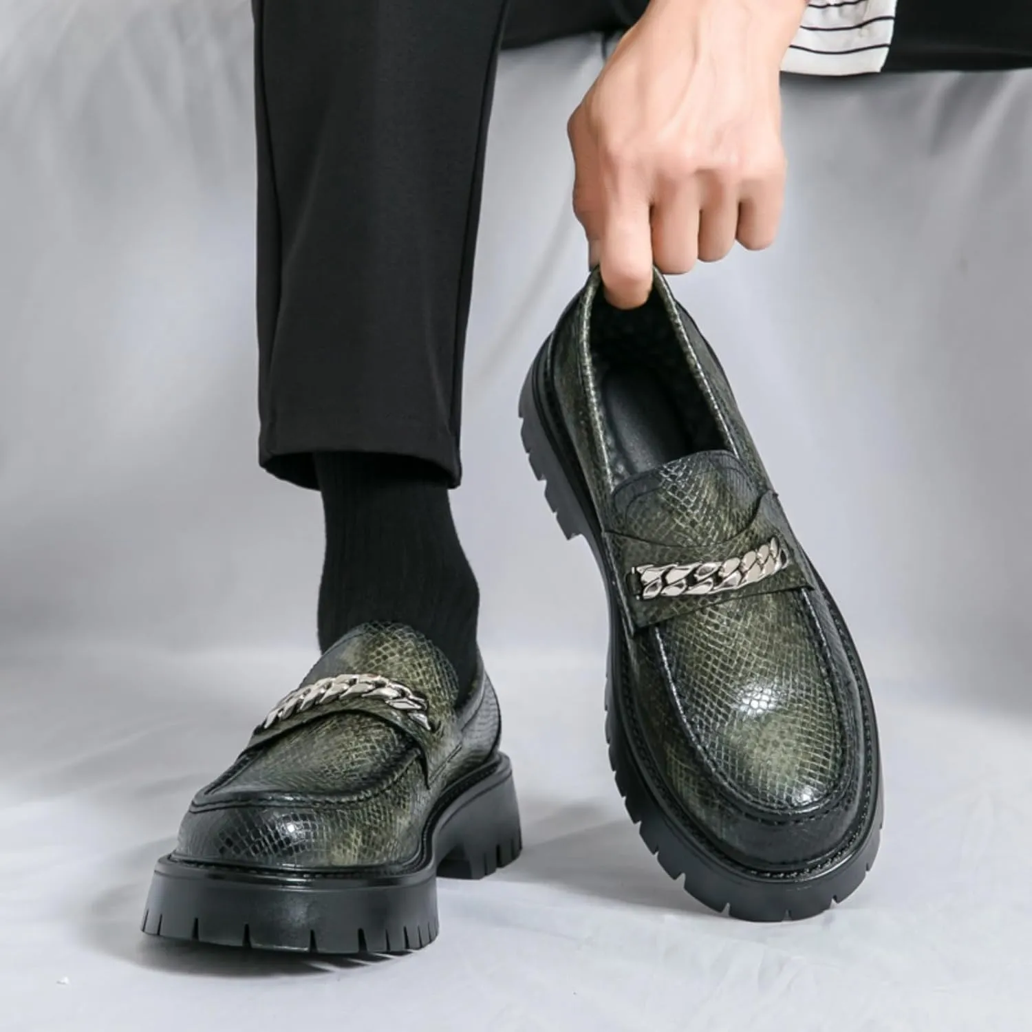 Men's Fashion Textured Leather Lug Sole Platform Comfort Slip - On Loafers Dress Shoes