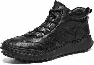 Men's Leather Ankle Casual Boots Hand Stitching Slip on Flats Loafers Fashionable Lace-up Driving Walking Oxford Shoes (Black,6.5)