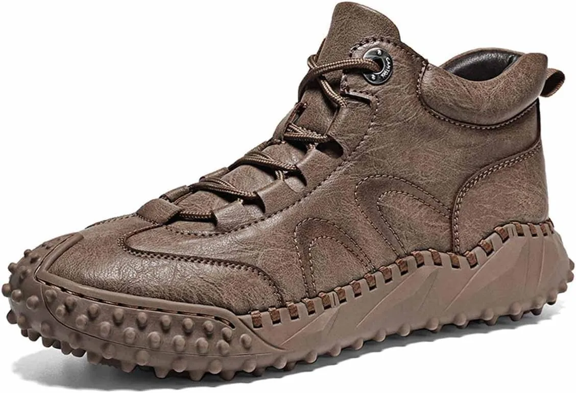 Men's Leather Ankle Casual Boots Hand Stitching Slip on Flats Loafers Fashionable Lace-up Driving Walking Oxford Shoes (Brown,7)