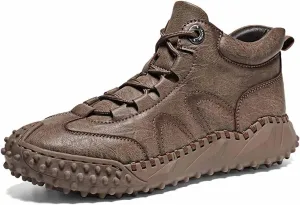 Men's Leather Ankle Casual Boots Hand Stitching Slip on Flats Loafers Fashionable Lace-up Driving Walking Oxford Shoes (Brown,7)
